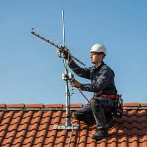 Tecnico a lavoro per ripristino antenna tv danneggiata da temporale